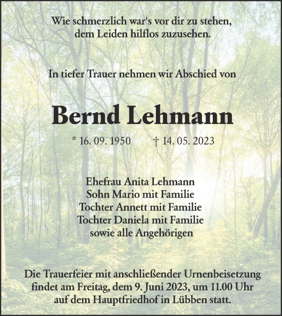 Traueranzeige von Bernd Lehmann von Lausitzer Rundschau