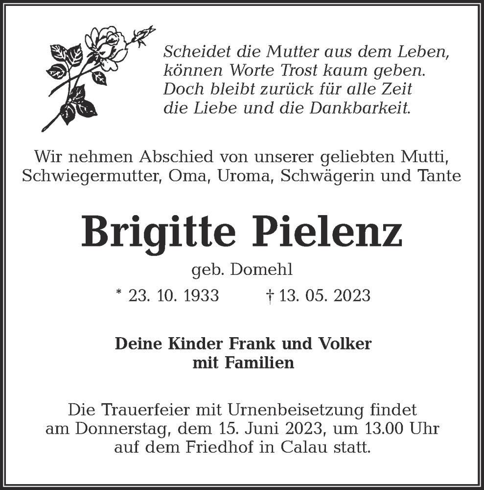  Traueranzeige für Brigitte Pielenz vom 27.05.2023 aus Lausitzer Rundschau