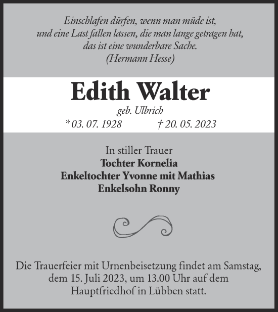 Traueranzeige von Edith Walter von Lausitzer Rundschau