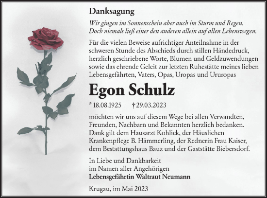 Traueranzeige von Egon Schulz von Lausitzer Rundschau