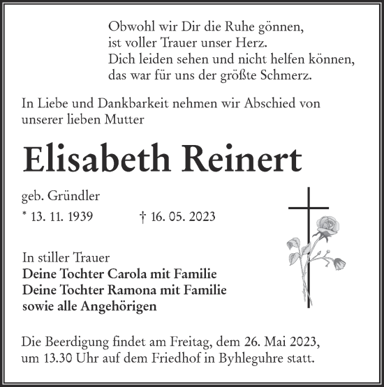 Traueranzeige von Elisabeth Reinert von Lausitzer Rundschau