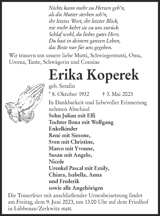 Traueranzeige von Erika Koperek von Lausitzer Rundschau