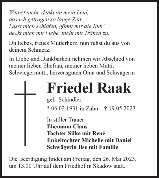 Traueranzeige von Friedel Raak von Lausitzer Rundschau