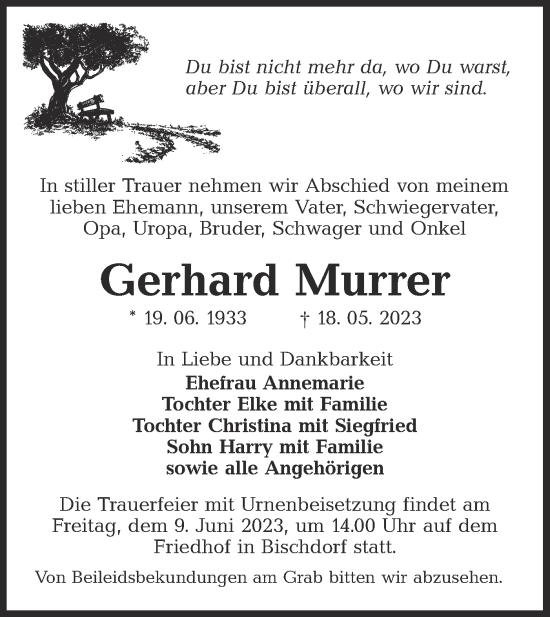 Traueranzeige von Gerhard Murrer von Lausitzer Rundschau
