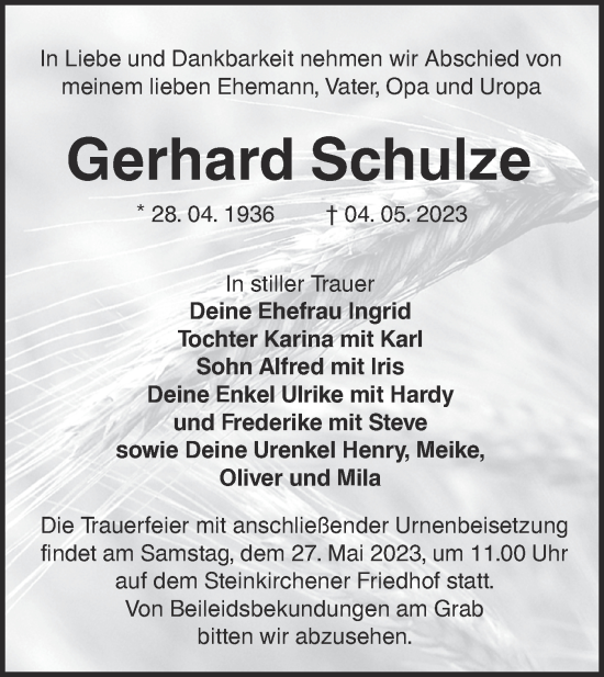 Traueranzeige von Gerhard Schulze von Lausitzer Rundschau