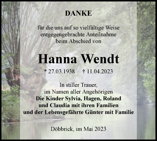 Traueranzeige von Hanna Wendt von Lausitzer Rundschau