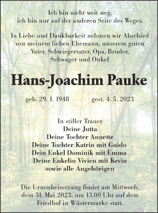 Traueranzeige von Hans-Joachim Pauke von Lausitzer Rundschau