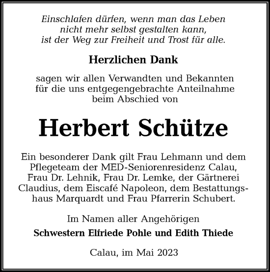 Traueranzeige von Herbert Schütze von Lausitzer Rundschau