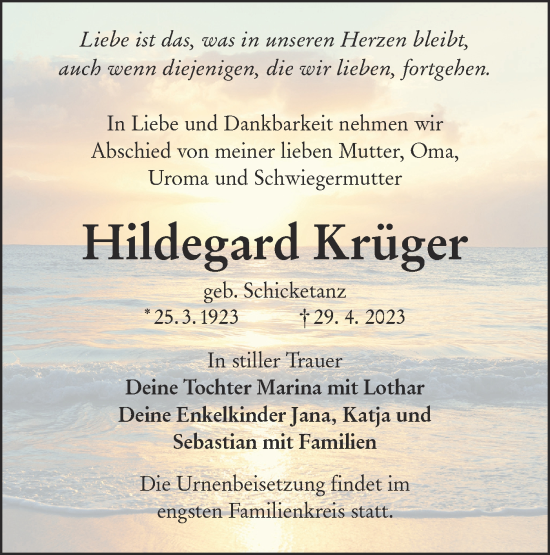 Traueranzeige von Hildegard Krüger von Lausitzer Rundschau