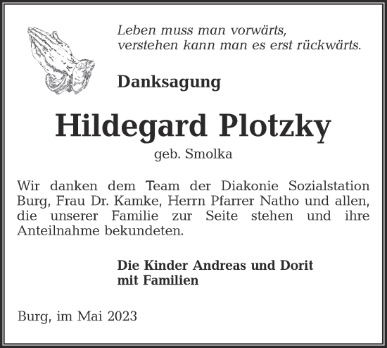 Traueranzeige von Hildegard Plotzky von Lausitzer Rundschau
