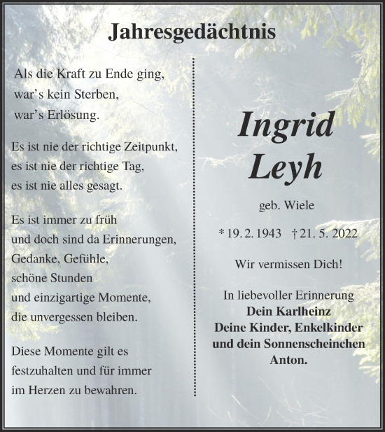 Traueranzeige von Ingrid Leyh von Lausitzer Rundschau