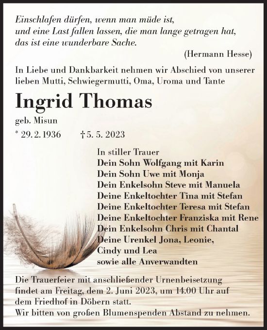 Traueranzeige von Ingrid Thomas von Lausitzer Rundschau