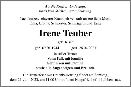 Traueranzeige von Irene Teuber von Lausitzer Rundschau