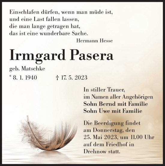 Traueranzeige von Irmgard Pasera von Lausitzer Rundschau