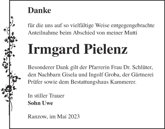 Traueranzeige von Irmgard Pielenz von Lausitzer Rundschau