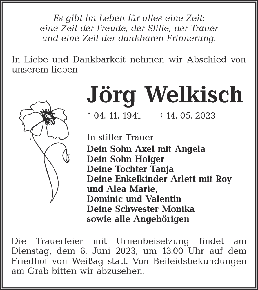  Traueranzeige für Jörg Welkisch vom 27.05.2023 aus Lausitzer Rundschau