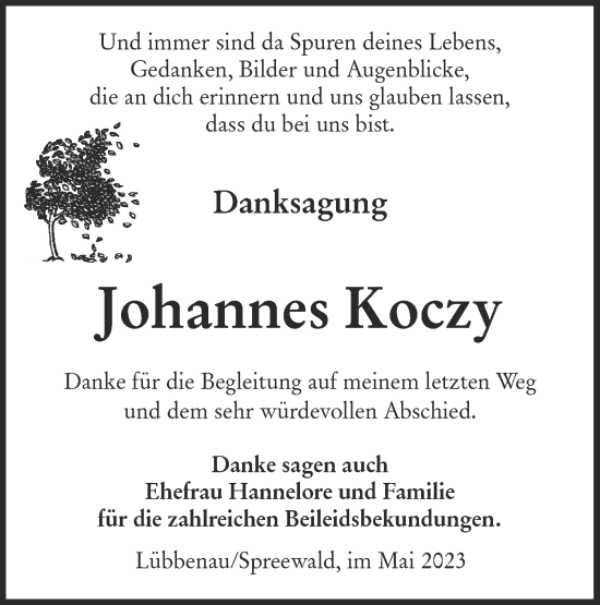 Traueranzeige von Johannes Koczy von Lausitzer Rundschau