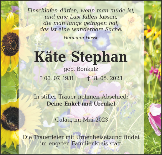 Traueranzeige von Käte Stephan von Lausitzer Rundschau