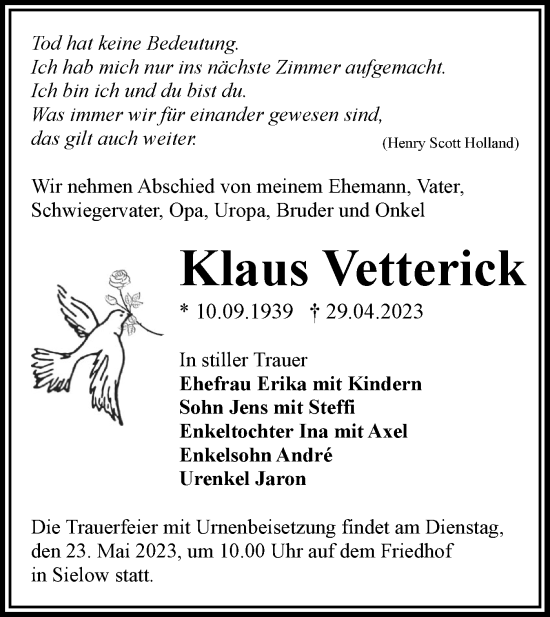 Traueranzeige von Klaus Vetterick von Lausitzer Rundschau