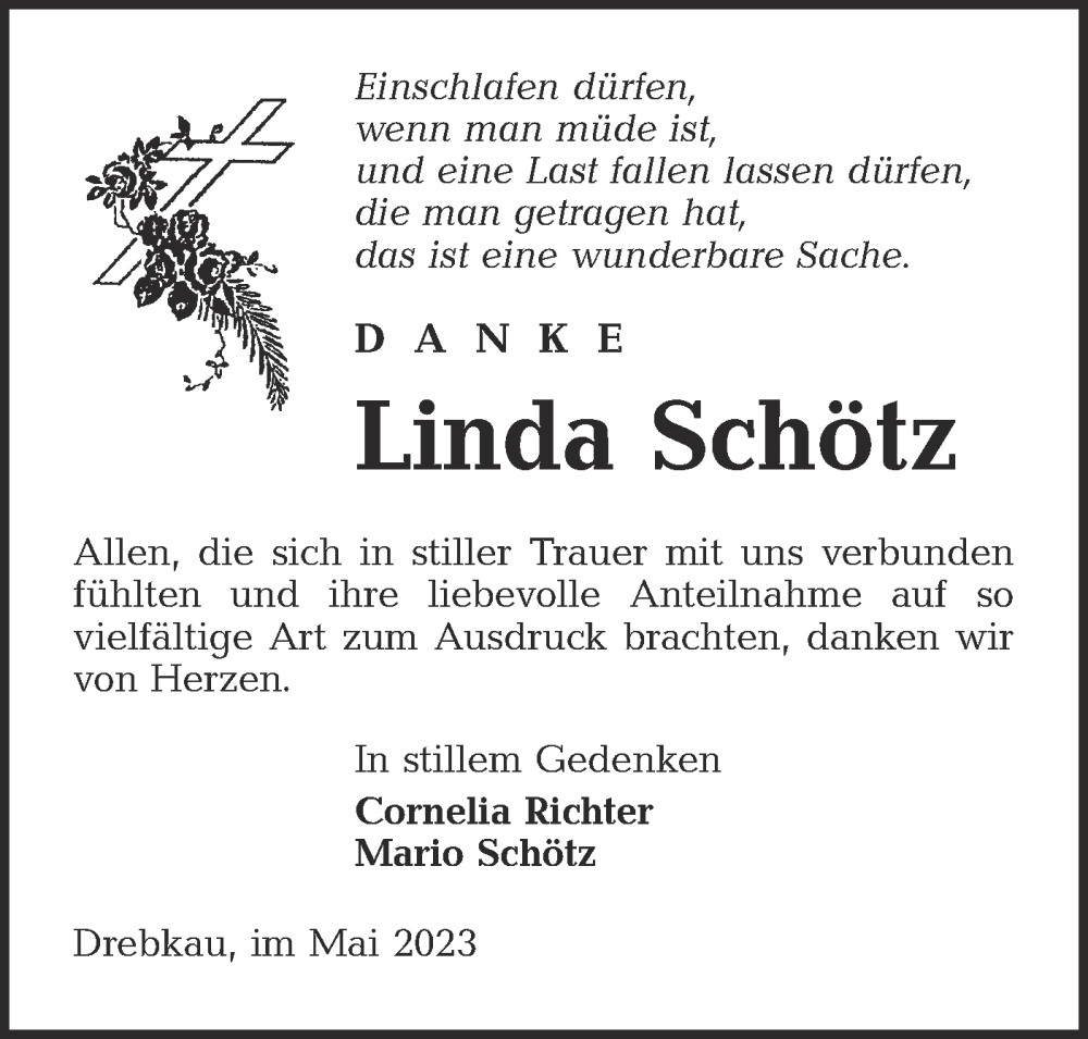  Traueranzeige für Linda Schötz vom 06.05.2023 aus Lausitzer Rundschau