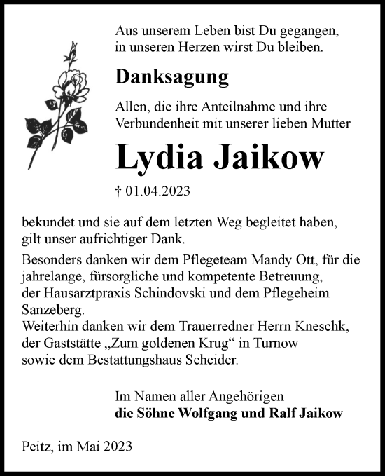 Traueranzeige von Lydia Jaikow von Lausitzer Rundschau