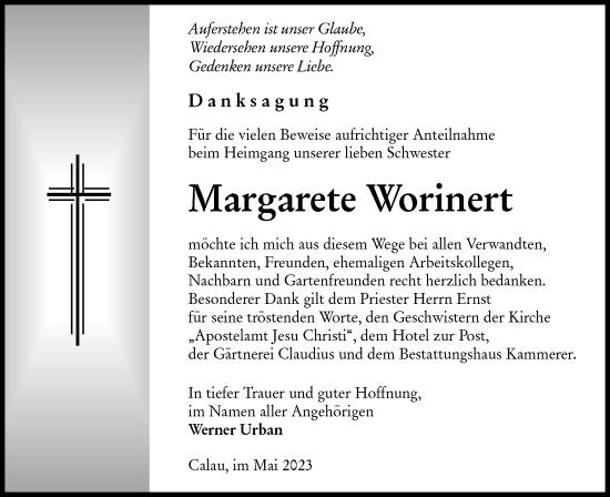 Traueranzeige von Margarete Worinert von Lausitzer Rundschau