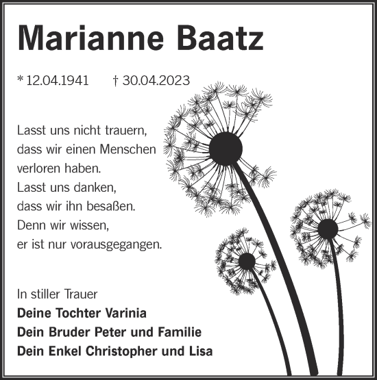 Traueranzeige von Marianne Baatz von Lausitzer Rundschau