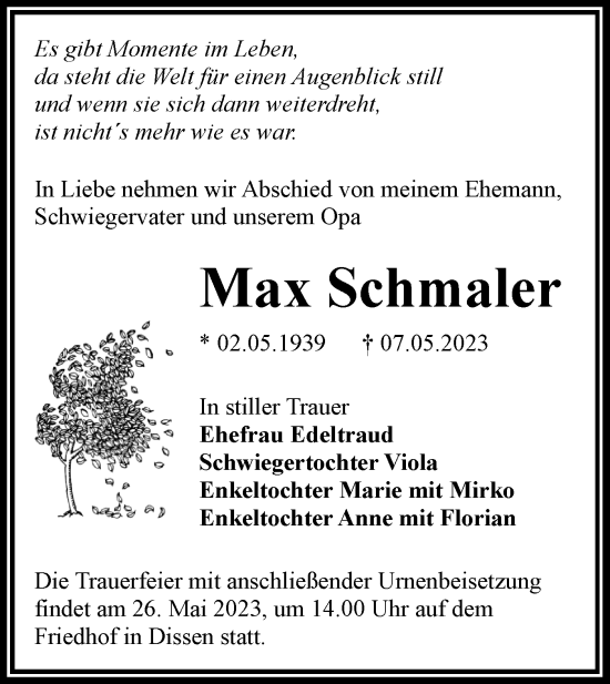 Traueranzeige von Max Schmaler von Lausitzer Rundschau