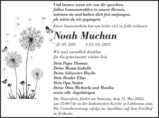 Traueranzeige von Noah Muchan von Lausitzer Rundschau