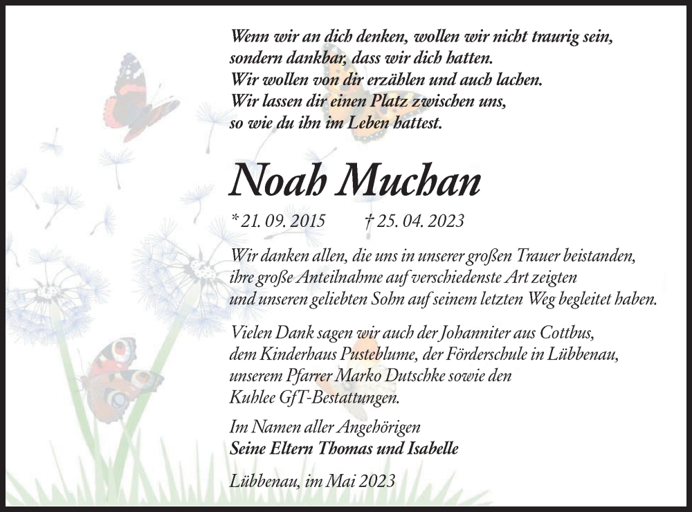  Traueranzeige für Noah Muchan vom 27.05.2023 aus Lausitzer Rundschau