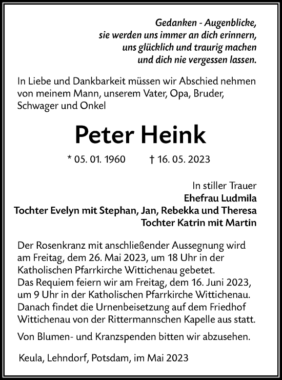 Traueranzeige von Peter Heink von Lausitzer Rundschau