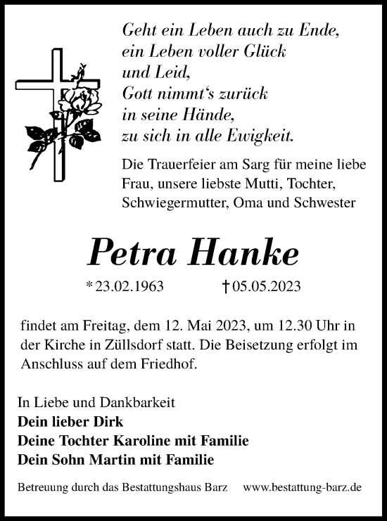 Traueranzeige von Petra Hanke von Lausitzer Rundschau