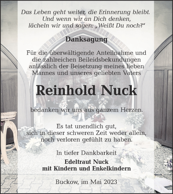Traueranzeige von Reinhold Nuck von Lausitzer Rundschau