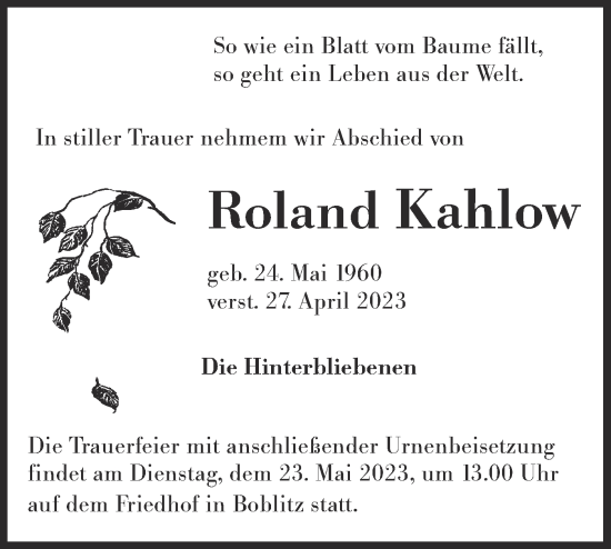 Traueranzeige von Roland Kahlow von Lausitzer Rundschau