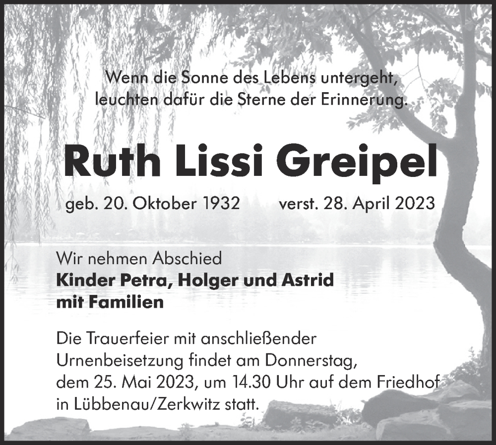  Traueranzeige für Ruth Lissi Greipel vom 13.05.2023 aus Lausitzer Rundschau