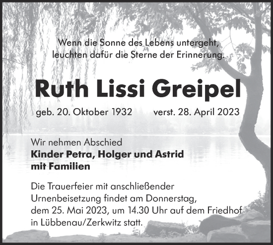 Traueranzeige von Ruth Lissi Greipel von Lausitzer Rundschau