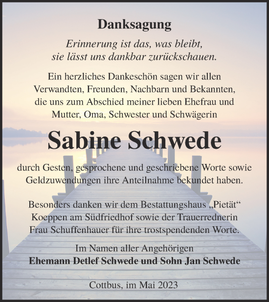 Traueranzeige von Sabine Schwede von Lausitzer Rundschau