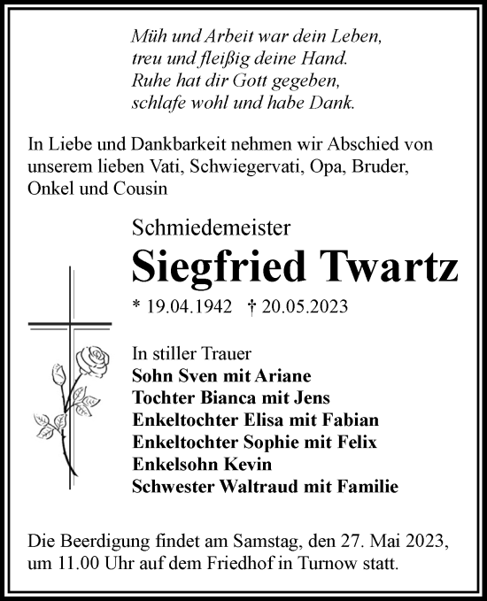 Traueranzeige von Siegfried Twartz von Lausitzer Rundschau