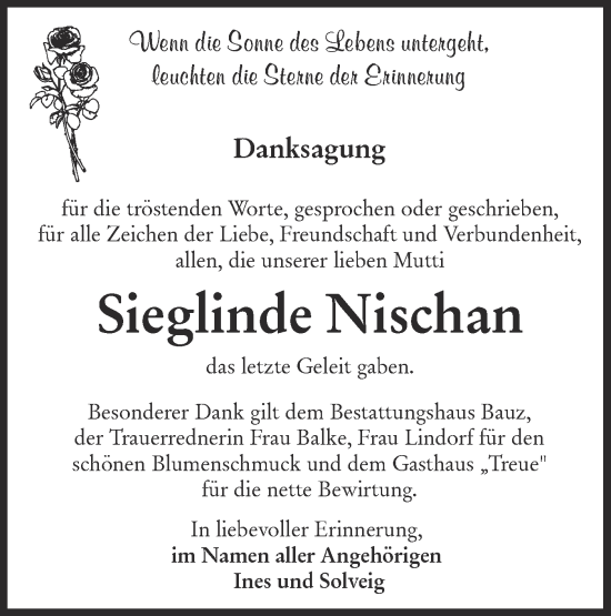 Traueranzeige von Sieglinde Nischan von Lausitzer Rundschau