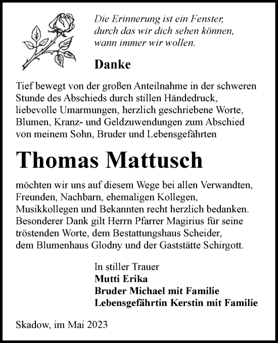 Traueranzeige von Thomas Mattusch von Lausitzer Rundschau