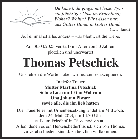 Traueranzeige von Thomas Petschick von Lausitzer Rundschau