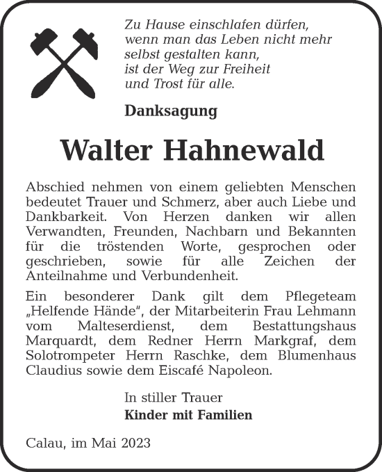 Traueranzeige von Walter Hahnewald von Lausitzer Rundschau