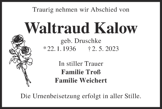 Traueranzeige von Waltraud Kalow von Lausitzer Rundschau