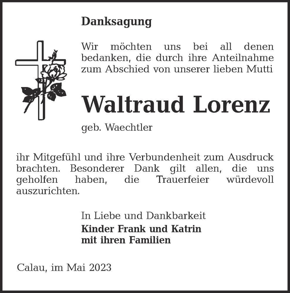  Traueranzeige für Waltraud Lorenz vom 13.05.2023 aus Lausitzer Rundschau