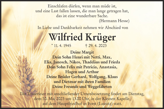 Traueranzeige von Wilfried Krüger von Lausitzer Rundschau