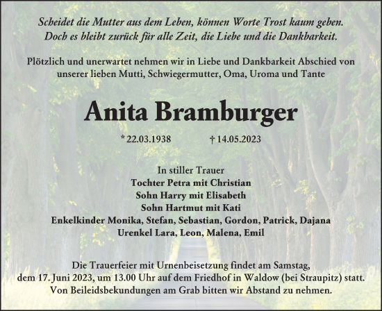 Traueranzeige von Anita Bramburger von Lausitzer Rundschau