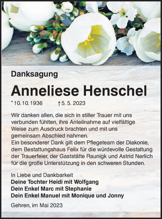 Traueranzeige von Anneliese Henschel von Lausitzer Rundschau