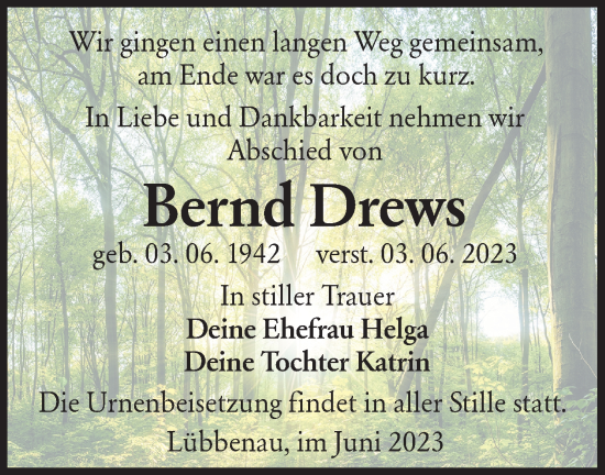 Traueranzeige von Bernd Drews von Lausitzer Rundschau