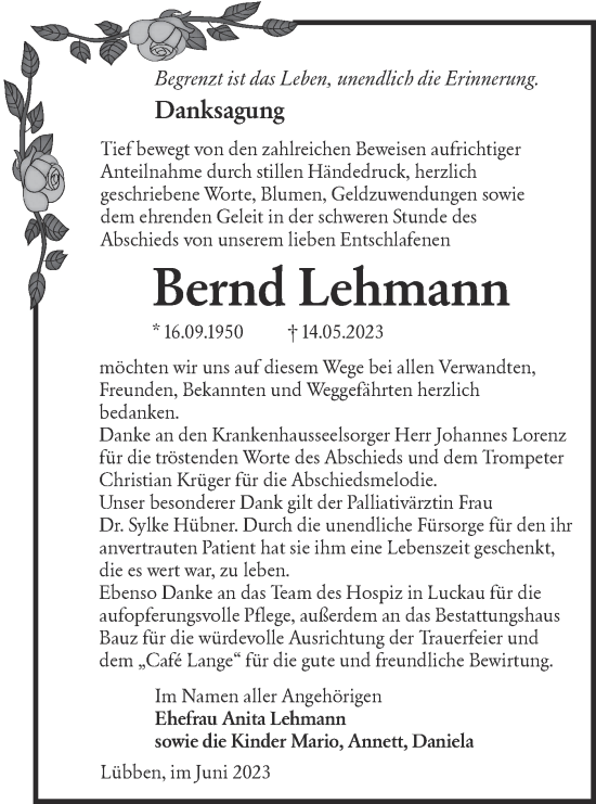 Traueranzeige von Bernd Lehmann von Lausitzer Rundschau