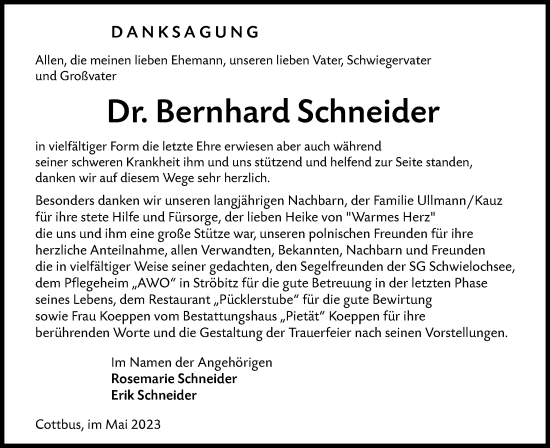 Traueranzeige von Bernhard Schneider von Lausitzer Rundschau